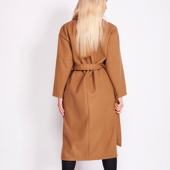 Brushed Self Belt Longline Coat Camel Color - Picture 6 of 7